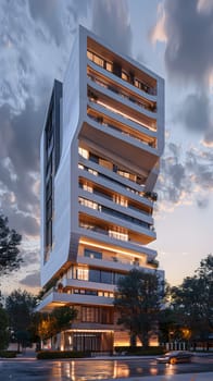 A tower block with numerous balconies is illuminated against the night sky, showcasing urban design in the form of a commercial building or condominium. Nearby trees add to the serene atmosphere