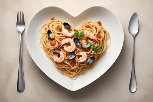 Spaghetti with seafood in a heart-shaped plate
