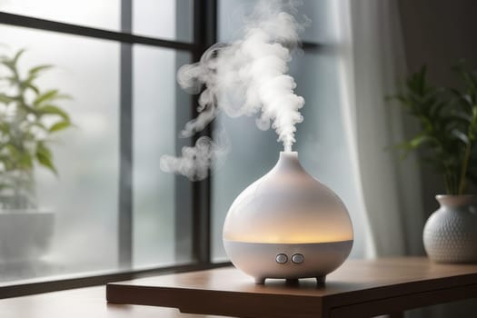 Aroma oil white glass diffuser with rising steam flow on table by window