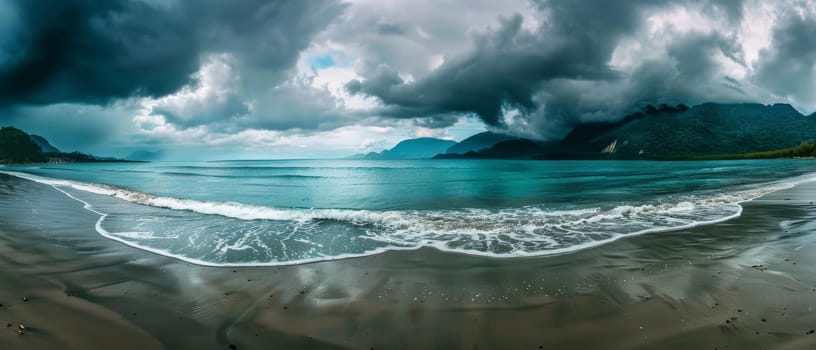 A panoramic view of a stormy beach, with ominous clouds looming over a restless sea. The dramatic contrast of the dark skies and the turquoise waters creates a captivating scene