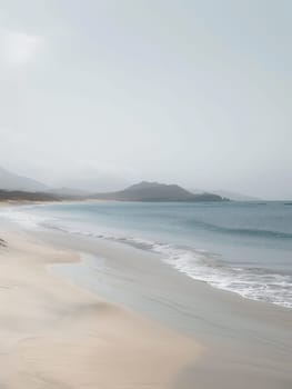 A tranquil beach scene unfolds with soft waves lapping against a sandy shore, as distant mountains loom under a hazy sky. The untouched sand creates a sense of peace and isolation