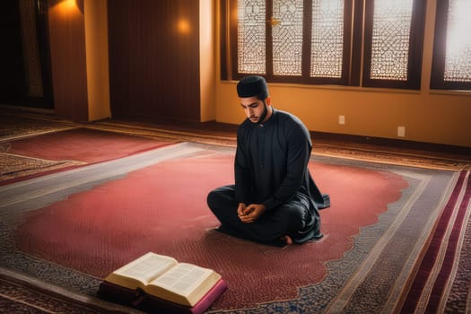 Young Arabic Muslim man praying. Celebration of the sacred Ramadan