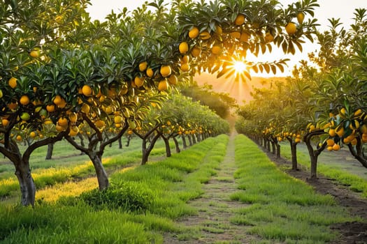 Gentle morning light dawning upon a citrus grove, casting a serene glow on trees heavy with ripe, luscious fruits