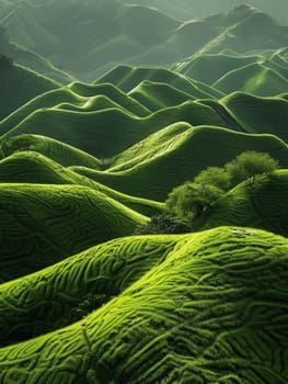 The first light of sunrise bathes the verdant peaks in a soft glow, highlighting the intricate patterns of the terraced fields
