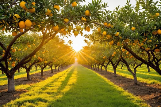 Tranquil sunrise illuminating citrus grove with fruit-laden trees
