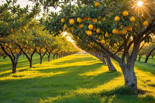 Tranquil sunrise illuminating citrus grove with fruit-laden trees