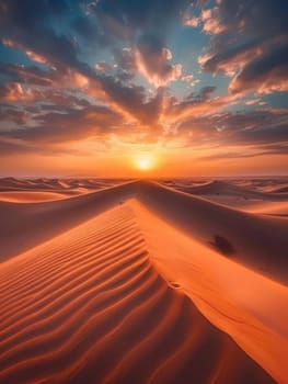 A fiery sunset illuminates the desert, casting vibrant oranges and yellows across the sand. The sky becomes a canvas of warm, rich colors