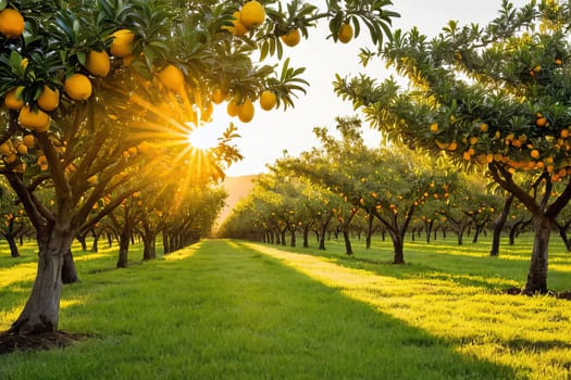 Tranquil sunrise illuminating citrus grove with fruit-laden trees