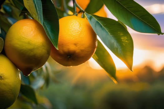 A calm sunrise illuminates a citrus grove. Oranges in close-up
