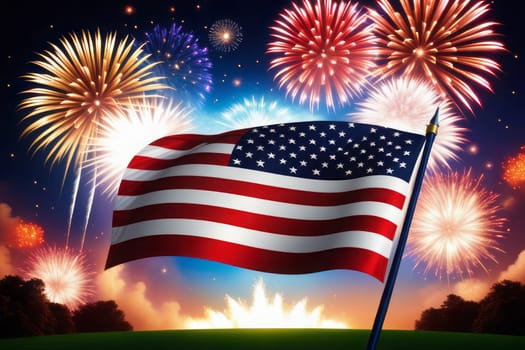 Vibrant shot capturing the essence of Independence Day celebrations, with the American flag waving proudly amid a dazzling show of fireworks in the background