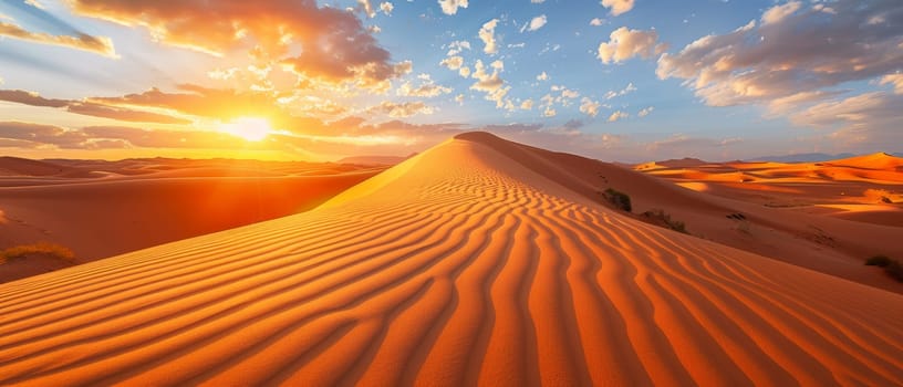 Evening light washes over the desert, highlighting the intricate ripples in the sand. A serene sunset bathes the landscape in a warm embrace