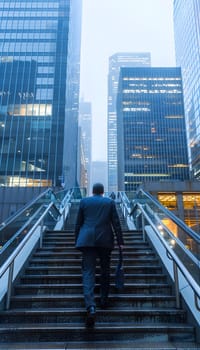 A man in a suit is ascending the stairs of a towering skyscraper in the city, surrounded by the symmetrical facade of commercial buildings in electric blue