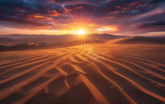 Sunrays pierce the morning sky over undulating desert dunes, casting a golden glow on the textured sands. Dawn light breathes life into the desert, revealing a serene landscape of shadows and light