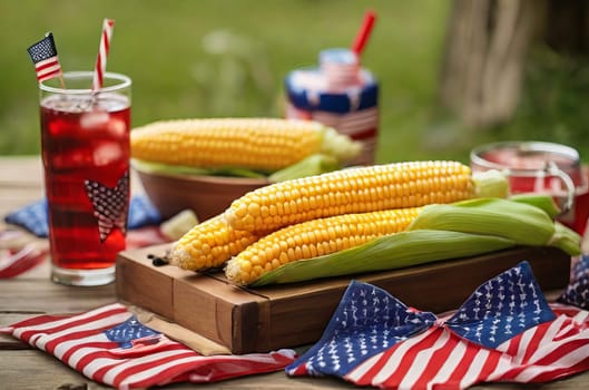 Indulge in a delightful outdoor picnic adorned with patriotic charm, offering corn on the cob, barbecue delights, and cool beverages