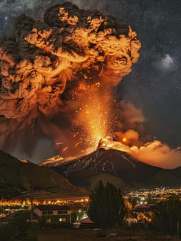 A volcanic eruption roars against a backdrop of a star-filled night, its ash plume reaching towards the cosmos. The spectacle of glowing lava and ash creates a stark contrast with the silent night sky