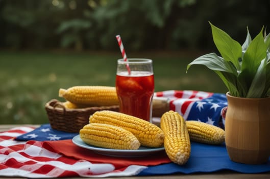 Indulge in a delightful outdoor picnic adorned with patriotic charm, offering corn on the cob, barbecue delights, and cool beverages