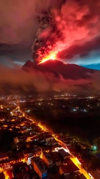 A volcanic eruption ignites the night with a crimson glow, overshadowing a peaceful town below. This stunning contrast of fiery chaos and urban calm captures the unpredictable nature of volcanoes