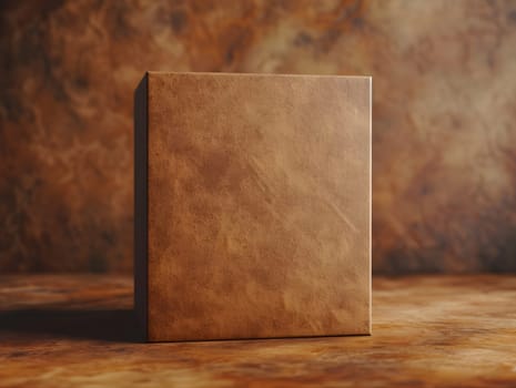A rectangle brown leather box is placed on a hardwood table, creating a contrast of tints and shades. This still life photography captures the art of wood stain on peachtoned wood