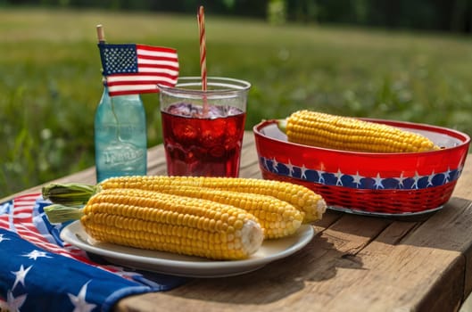 Indulge in a delightful outdoor picnic adorned with patriotic charm, offering corn on the cob, barbecue delights, and cool beverages