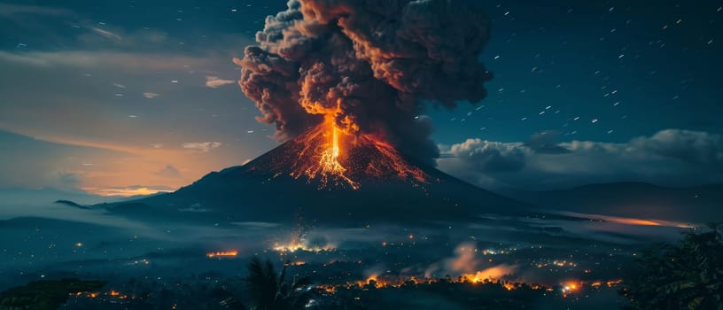 Stars streak across the sky above as a volcano fiercely erupts, its fiery path mirrored by the tranquil lights of a village below. This natural display of power and beauty captivates