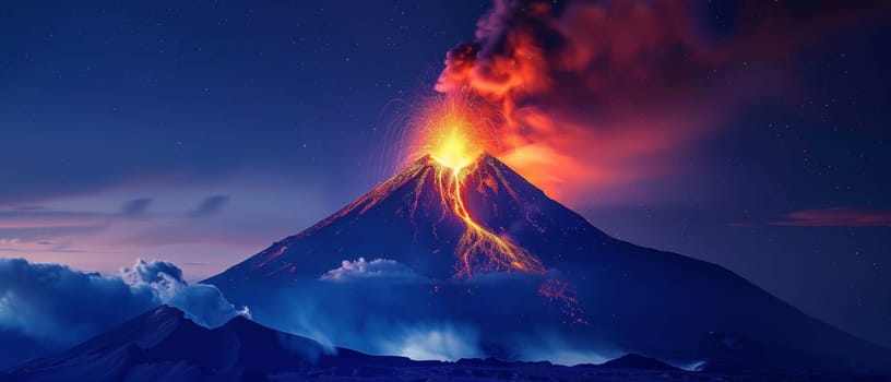 A volcano bleeds fiery veins into the night, backlit by a cosmic dance of stars and clouds. The scene is both mesmerizing and foreboding, capturing the raw power of earth's inner workings