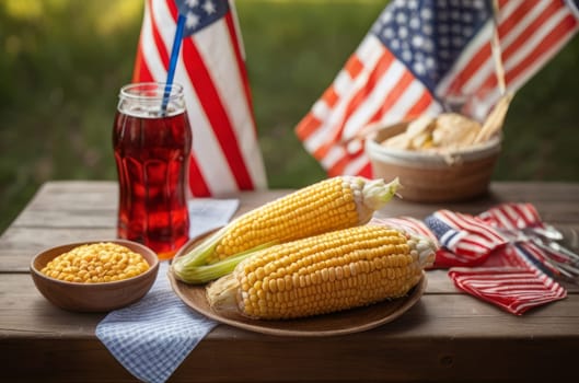 Immerse yourself in the essence of summer with a festive picnic set in the open air, boasting corn, BBQ treats, and icy drinks.