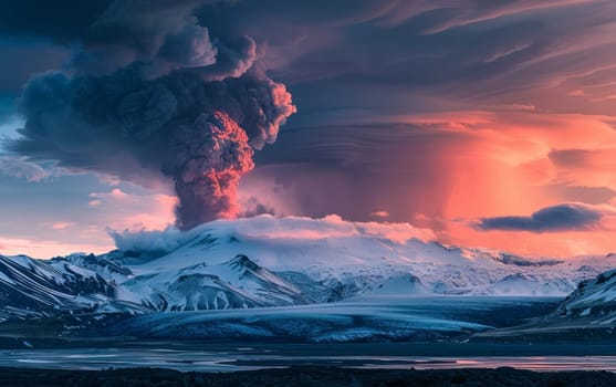 An imposing volcanic eruption billows over snow-covered peaks, with the twilight sky echoing its fiery palette. The serene arctic landscape is transformed into a dramatic spectacle