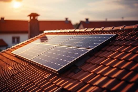 Close-up of solar panels on house roof. Energy saving. Alternative electricity source.