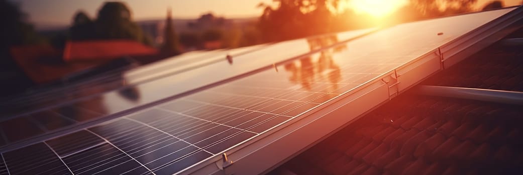 Close-up of solar panels on house roof. Energy saving with alternative electricity sources