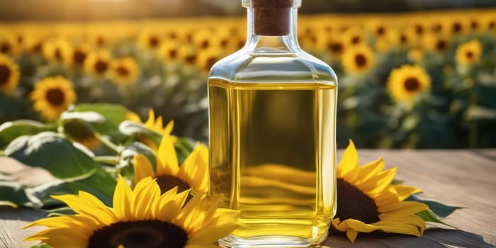 Transparent bottle of oil stands on a wooden table on of a field of sunflowers at background