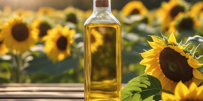 Transparent bottle of oil stands on a wooden table on of a field of sunflowers at background