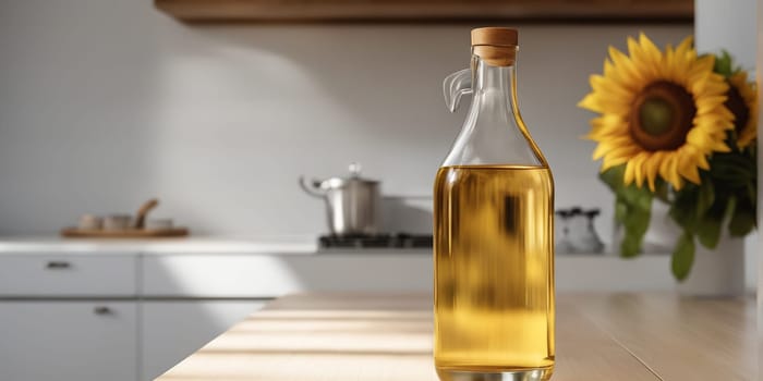 Bottle of sunflower oil in the white light kitchen with wooden facades and appliances