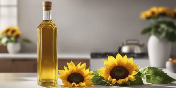 Bottle of sunflower oil in the white light kitchen with wooden facades and appliances