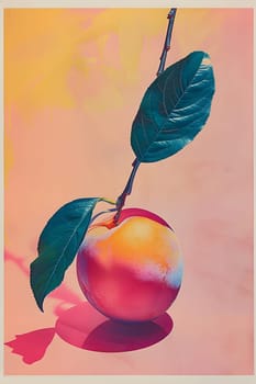 A piece of art featuring a painted apple with a green leaf on a pink background. The painting captures the natural beauty of fruits and plants in vibrant colors