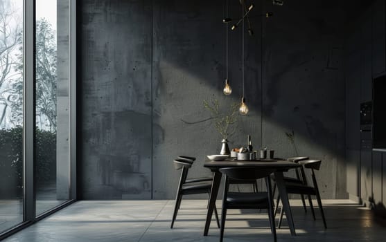 A chic dining space set in a room with full-height windows and industrial-style walls, complemented by designer lighting and a round table. The ambiance is both welcoming and fashion-forward