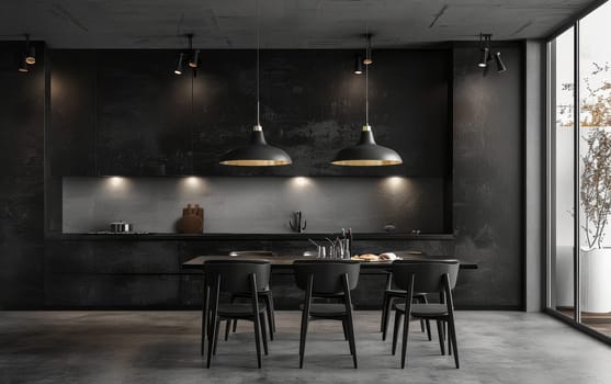 A sleek black kitchen with hanging pendant lights and a minimalist design. The space combines function with style