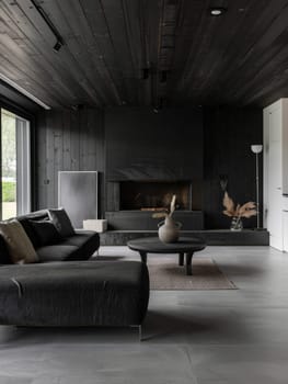 Dark-toned living room featuring a modern fireplace and textured details. The ambiance is warm and inviting