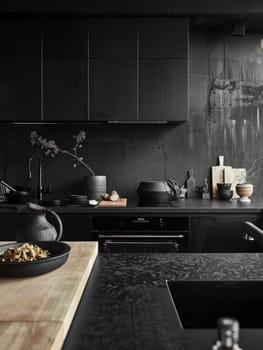 A sophisticated kitchen with dark cabinets and wooden accents. The modern aesthetic is complemented by natural light