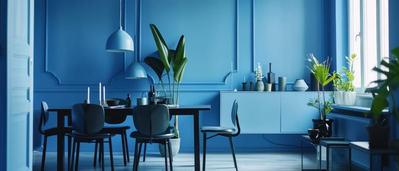 Modern dining room with striking blue walls and clean design lines creates a vibrant dining experience