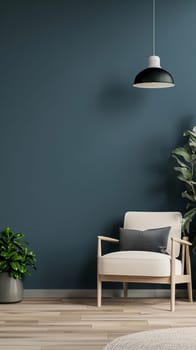 A modern chair and lush plant in the corner, with a playful dance of light and shadow on the wall