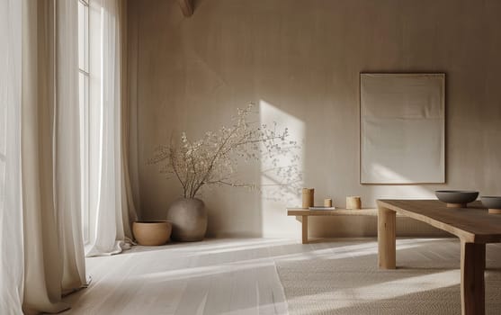 A minimalist dining space basks in soft light. Neutral tones and simple lines evoke calm and clarity