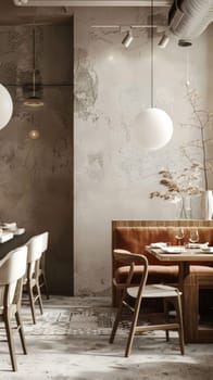 A sophisticated restaurant corner with a touch of rustic charm. Warm lighting complements the earthy tones