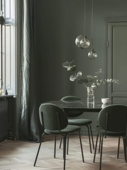 A tastefully decorated green dining room with chic modern furniture and unique pendant lights