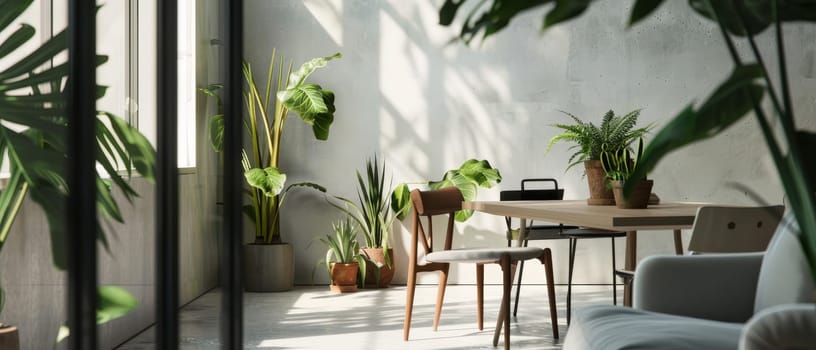 Leafy indoor plants bathe in sunlight in a minimalist interior, offering a tranquil urban oasis