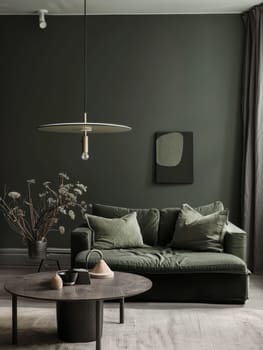 A dark green sofa anchors a sophisticated lounge, complemented by a unique pendant light and earthy tones