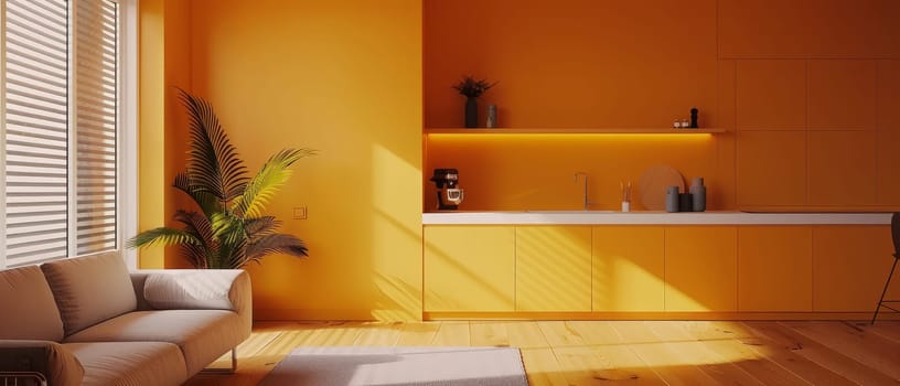 Modern kitchenette glows in golden hour light, accented with lush greenery and clean design