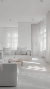 Pristine white living room with minimalist design. A serene space with a clean and airy aesthetic