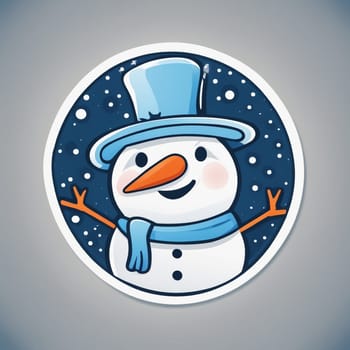 Round logo with snowman, cute character, white and blue colors