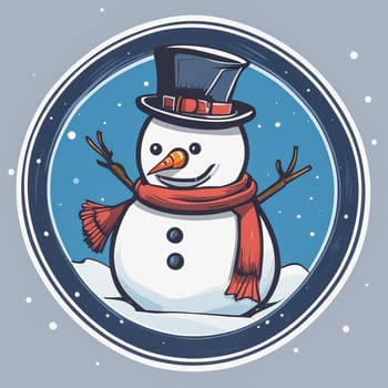 Round logo with snowman, cute character, white and blue colors