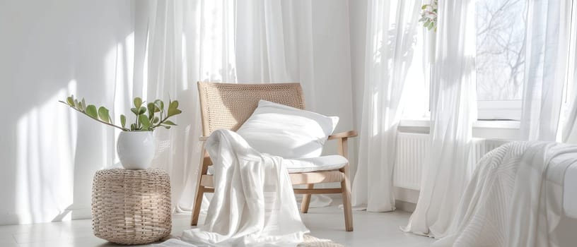 Tranquil white bedroom featuring a wicker accent chair and delicate plant touches